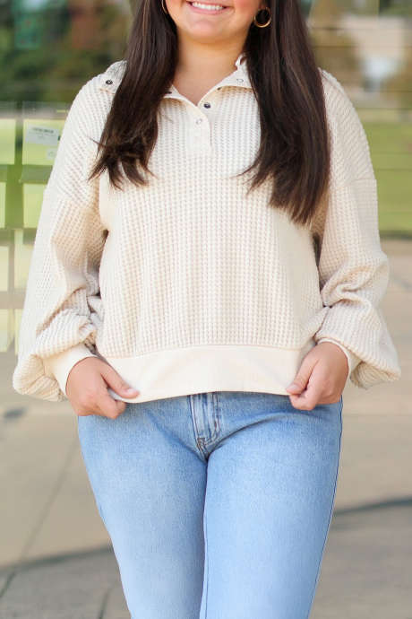 Apricot Casual V-Neck Tunic Sweater Long Sleeve Textured Fabric Loose Fit Pullover