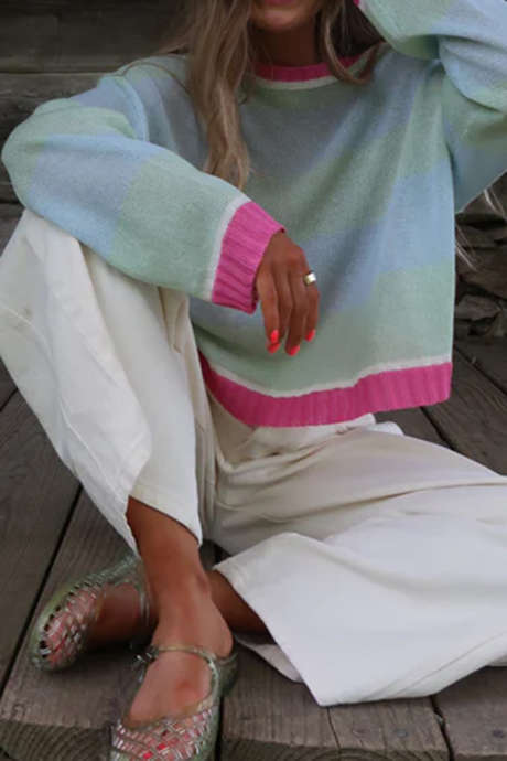 Multicolour Colorblock Sweater Casual Long Sleeve Round Neck Pullover Knitwear
