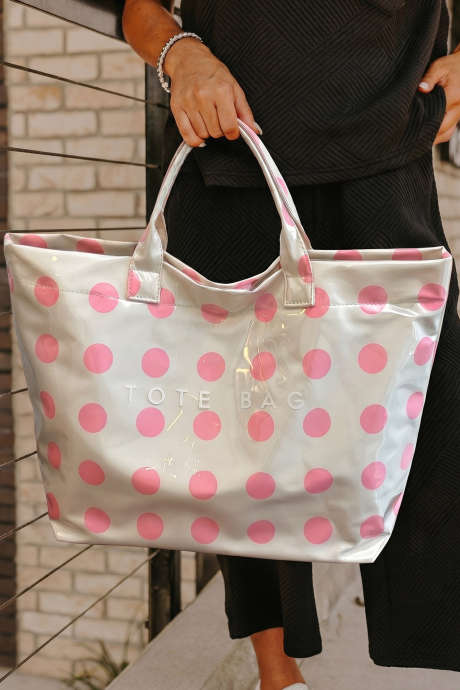 Bolsa de compras em PVC resistente e impermeável com bolinhas rosa claro