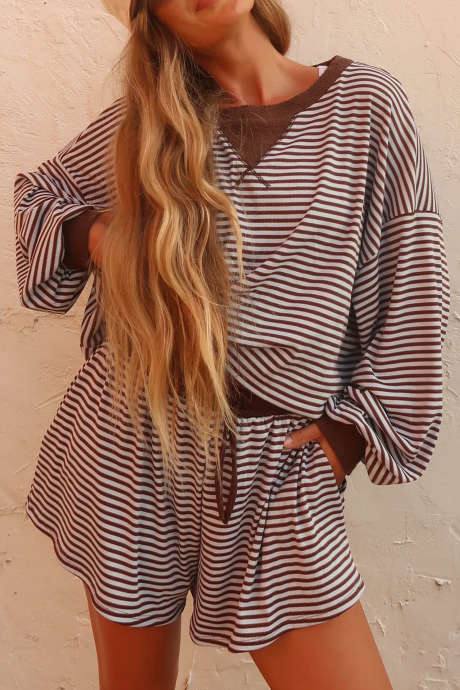 Brown Stripe Striped Patchwork Long Sleeve Two Piece Casual Set