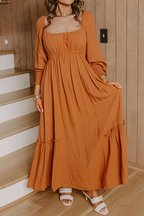 Russet Orange Long Sleeve Shift Dress Casual Daily Wear Solid Pattern Decoration Details Dress