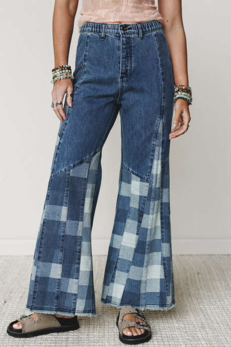 Sail Blue Plaid Patchwork Flare Jeans Casual Ankle Length Daily Wear Denim Pants