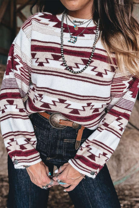 Red Western Print Pullover Sweater Long Sleeve Regular Fit Beach Vacation Outdoor Daily Wear