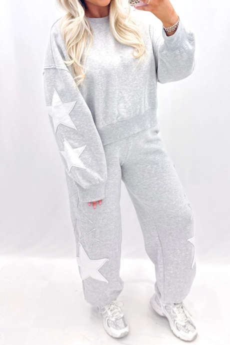 Light Grey Stars Pattern Long Sleeve Two Piece Casual Pants Set