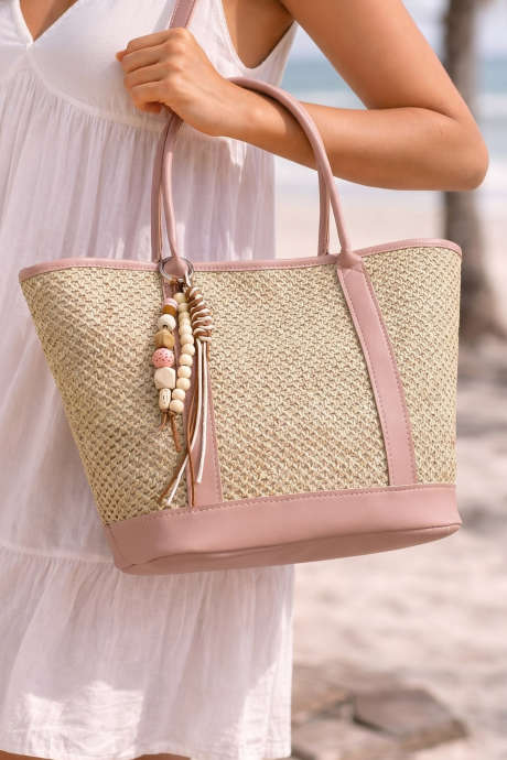 Pink Straw Woven Crochet Contrast Leather Trim Boho Tote Bag BH031682-P10