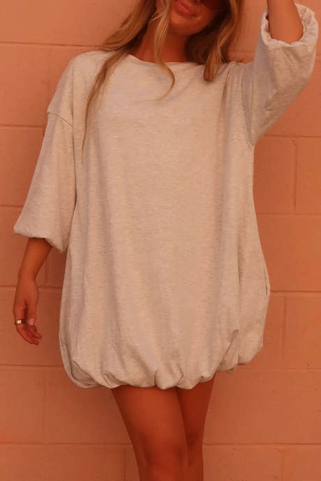 Light Grey Oversized Short Dress Three Quarter Sleeve Casual Shift Style Beachwear