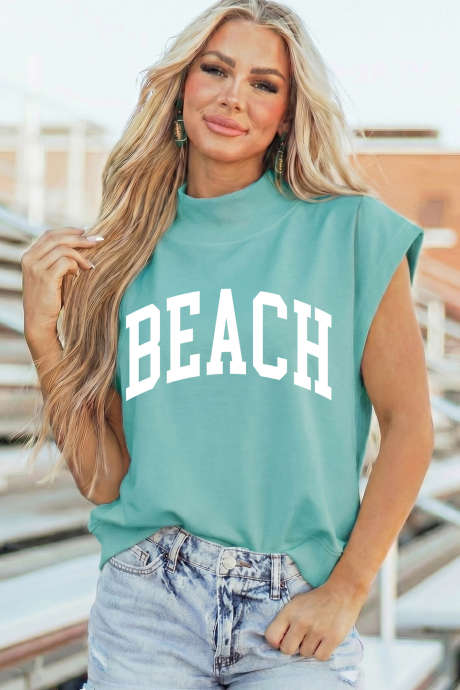 Tricou grafic cu mânecă scurtă și guler înalt verde mentă pentru plajă