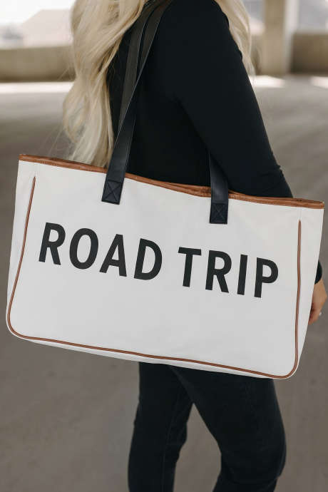 White Canvas Road Trip Tote Bag 50x15x30cm Summer Travel Carryall BH031690-P1