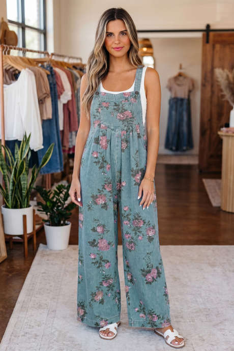Mono vaquero de pierna ancha, cintura alta, plisado y estampado floral en azul Beau