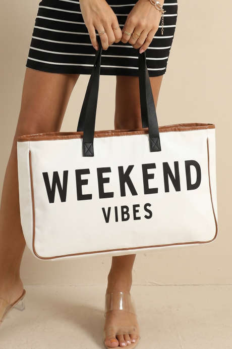 White Weekend Vibes Print Summer Travel Canvas Tote Bag BH031685-P1