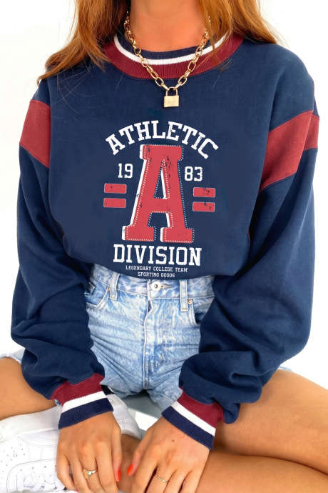 Sail Blue Patchwork Abstract Print Long Sleeve Round Neck Sweatshirt