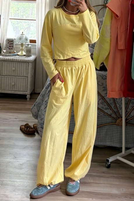 Yellow Cream Casual Long Sleeve Solid Two Piece Set Pants Suit