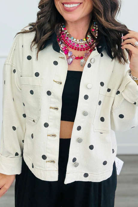 Beige Polka Dot Collar Jacket Casual Regular Length Long Sleeve Denim Outerwear