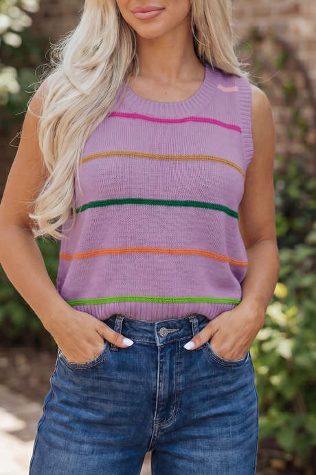 Purple Stripe na Bilog na Leeg na Niniting na Sweater Tank