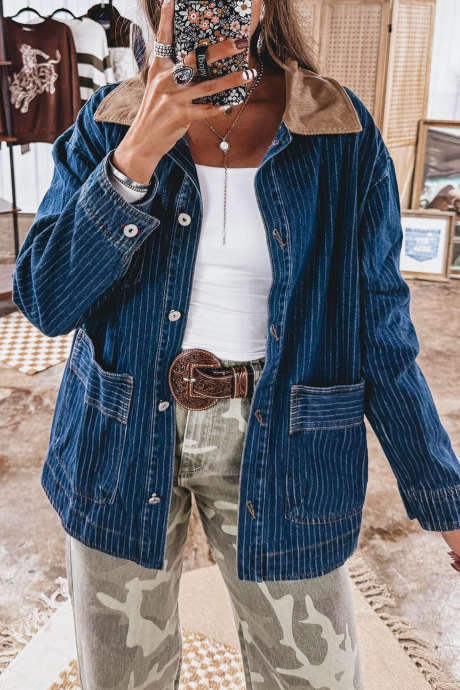 Blue Stripe Striped Denim Jacket Collar Colorblock Casual Tunic