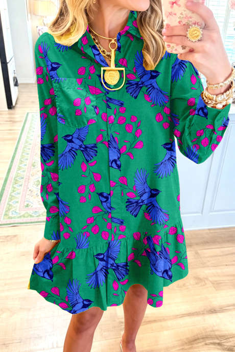 Green Abstract Bird Print Short Sleeve Shirt Collar Shift Dress Casual Daily Wear