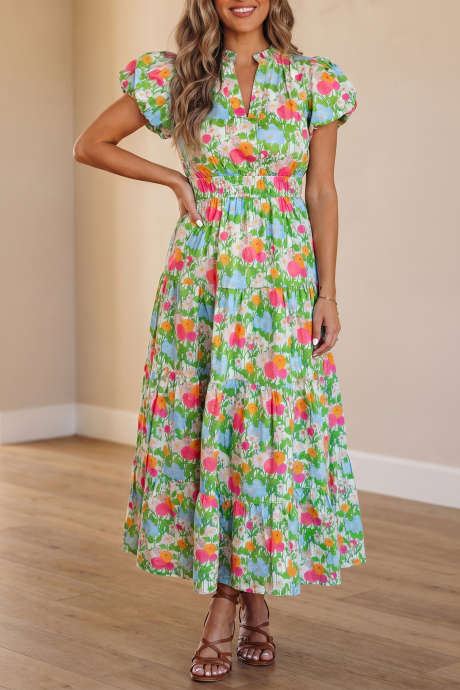 Berdeng Floral Print na V Neck Maikling Puff Sleeve na Cotton Maxi Dress