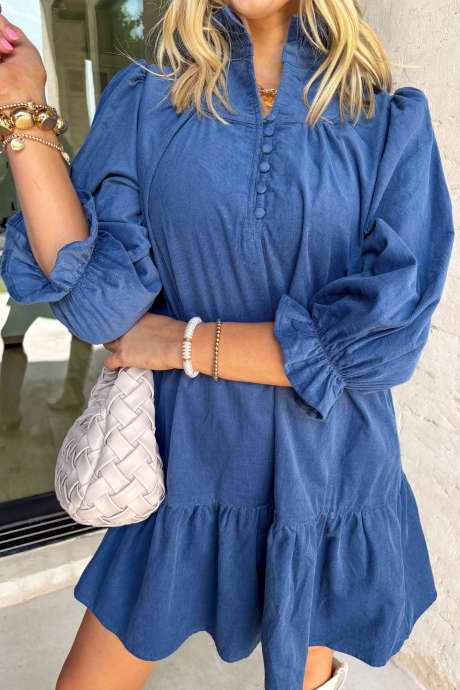 Sky Blue Stand Neck Corduroy Mini Dress with Ruffle Hem and Button Front Casual Shift Silhouette