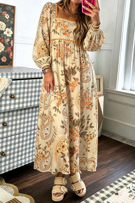Khaki Paisley Print Long Sleeve Shift Dress with Unique Neckline and Cuff Details
