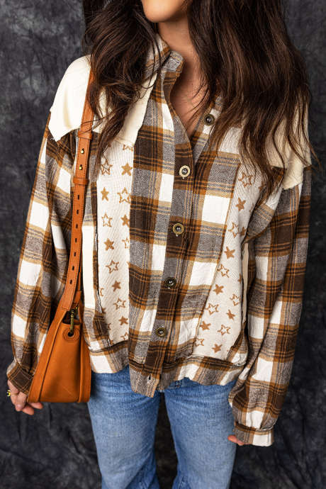Brown Vintage Plaid Shirt with Star Patchwork and Button Front