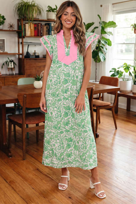 Rochie midi verde cu imprimeu floral și blocuri de culoare, decolteu în V, mânecă scurtă