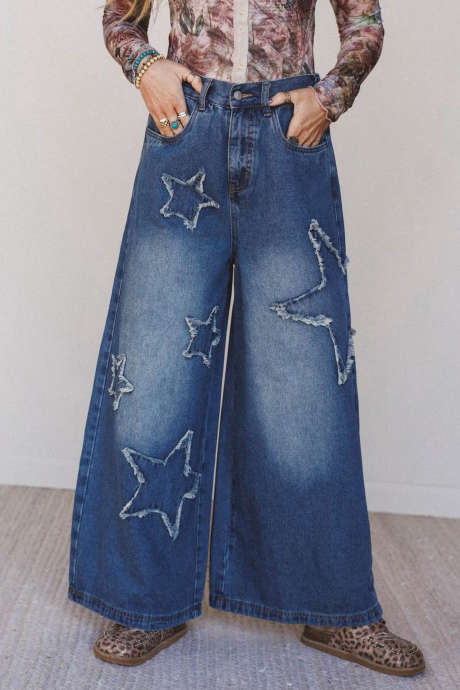 Ashleigh Blue Star Decorated Wide Leg Denim Jeans Casual Daily Full Length
