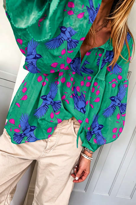 Pulover verde cu decolteu în V și imprimeu abstract cu păsări, mânecă lungă, stil casual, lungime regulată