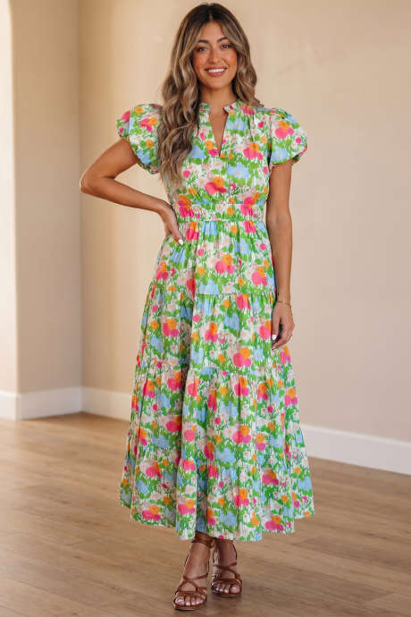 Rochie maxi verde din bumbac, cu imprimeu floral, decolteu în V, mâneci scurte și bufante