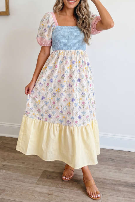 Multicolour Floral Print Striped Color Block Patchwork Square Neck Shirred Long Dress