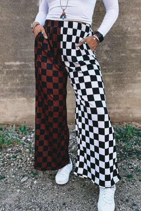 Brown Checkerboard Flare Leg Pants for Game Day Casual Wear