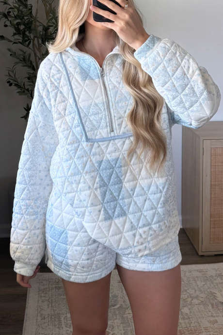 Sky Blue Quilted Floral Print Two Piece Set Casual Loose Long Sleeve Shift Pants Suit