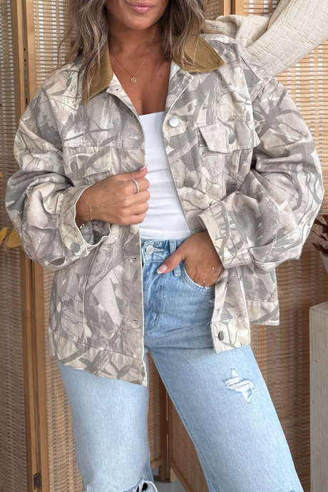 Khaki Abstract Print Oversized Denim Jacket Long Sleeve Casual Outerwear