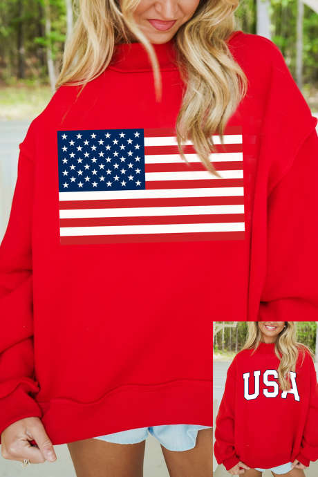 Mikina s oboustranným potiskem americké vlajky/USA v červené barvě s imitací výstřihu