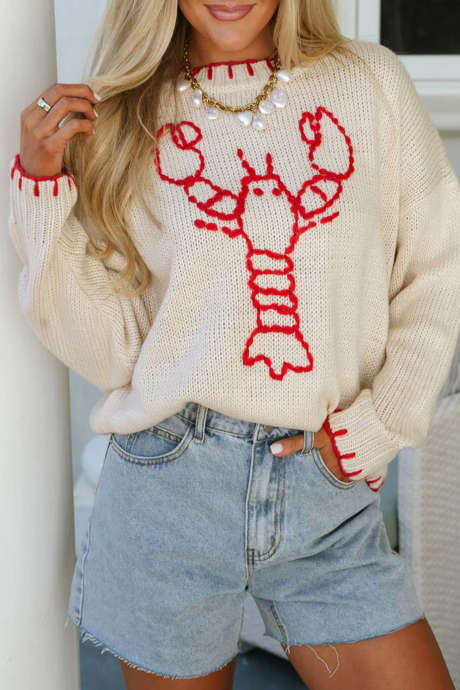 Beige Casual Long Sleeve Round Neck Shift Sweater with Lobster Embroidery Pullover Knitwear