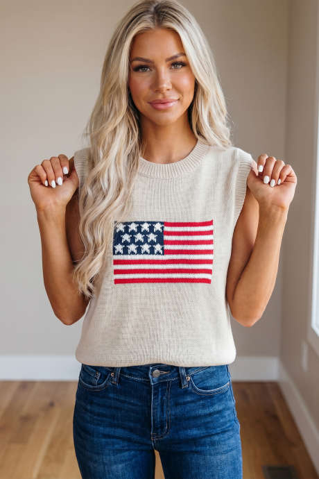 Mouwloze trui met perkamenten Amerikaanse vlag