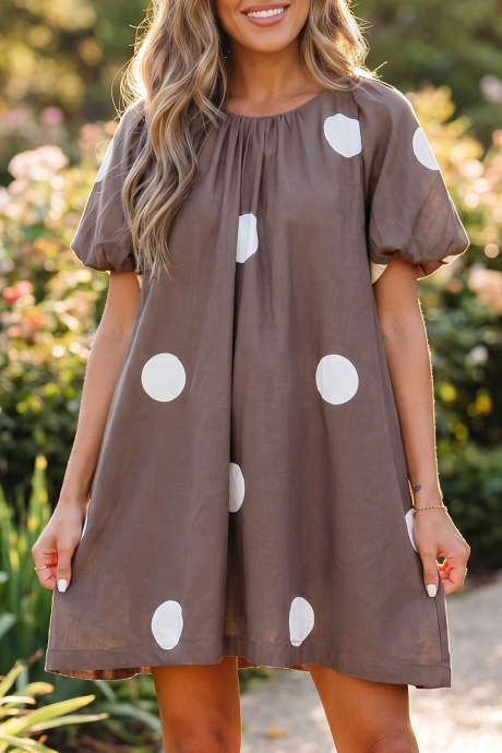 Maikling Mini Dress na may Kulay Brown na Polka Dot na may Knot Back na may Puff Sleeve at Loose