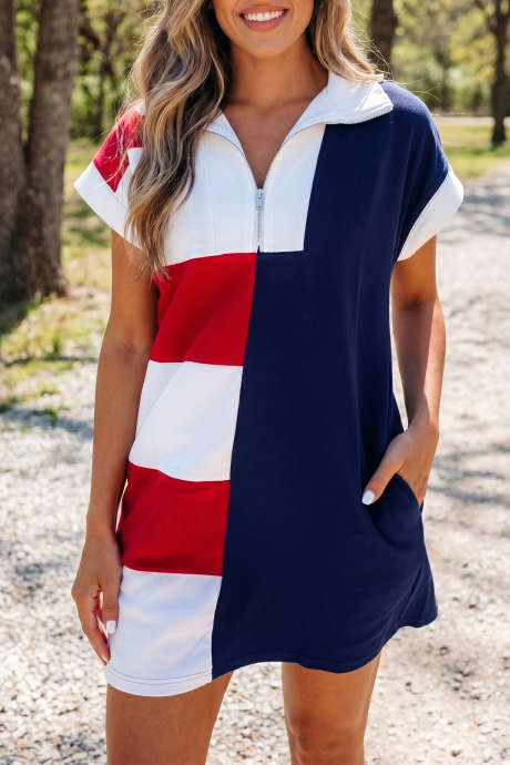 Mini Dress na T-Shirt na may Kulay Asul na Amerikano na may Zip at Collared na Guhit