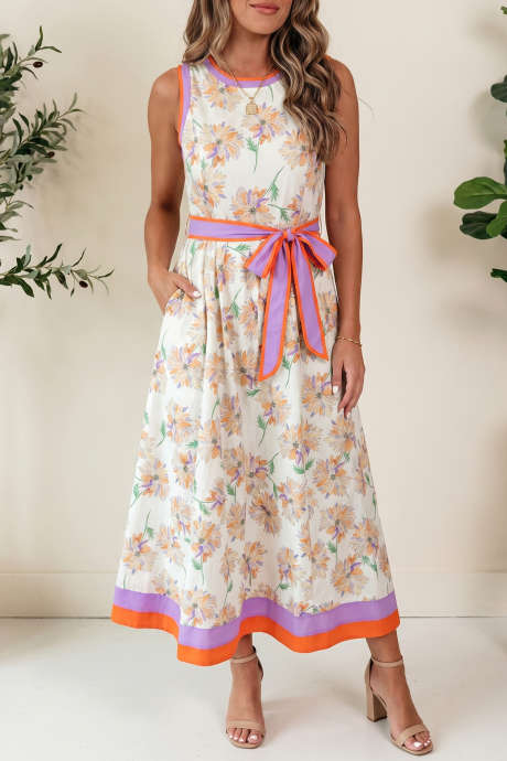 Puting Floral Print na Kulay Block Trim na may Belted na Walang Manggas na Maxi Dress