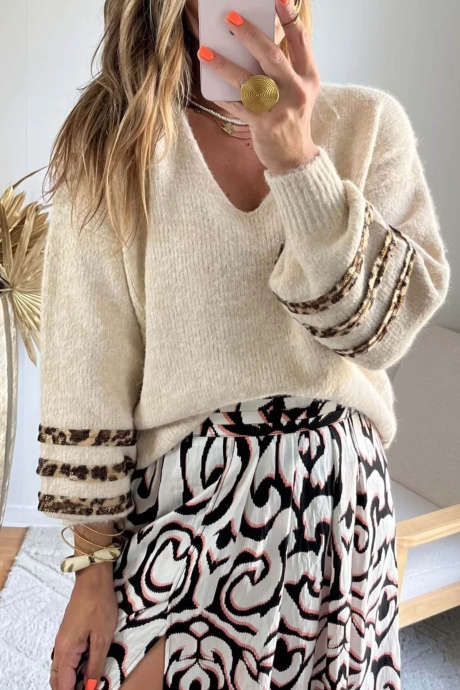 Beige V Neck Leopard Striped Long Sleeve Casual Sweater