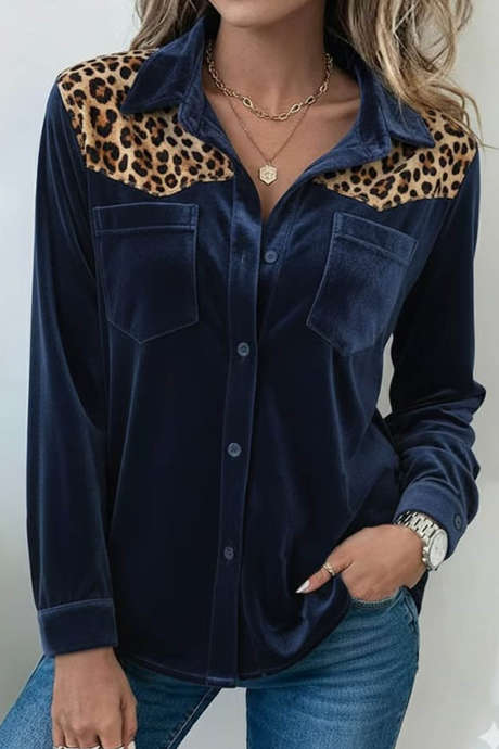 Dirty blue Leopard Patchwork Velvet Shirt Long Sleeve Casual Top