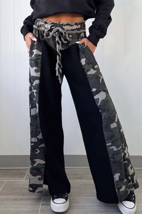 Black Casual Camouflage Pattern Full-Length Regular Pants with Pockets