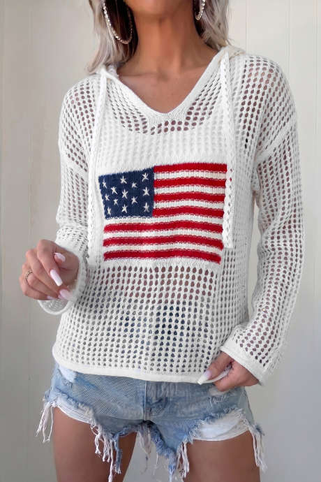 Λευκό Hollow Out Crochet Πλεκτό Φούτερ με Κοντή Πλάτη και Αμερικανική Σημαία