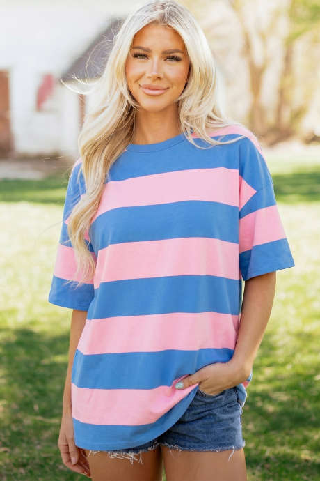 Bright Pink Striped Color Block Oversize Tunic Tee LC25230714-P106