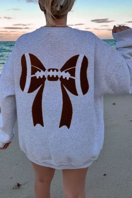 Gray Pearl Grey Football Bows Game Day Embroider Sweatshirt