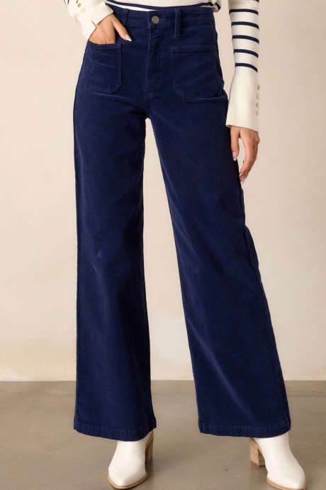 Navy Blue Casual Full-Length Solid Pocket Pants