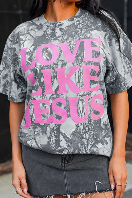 Tricou casual roz cu imprimeu Woodland LOVE LIKE JESUS