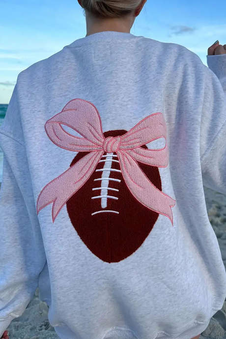 Light Grey Pearl Grey Pink Bow Football Game Day Embroider Sweatshirt