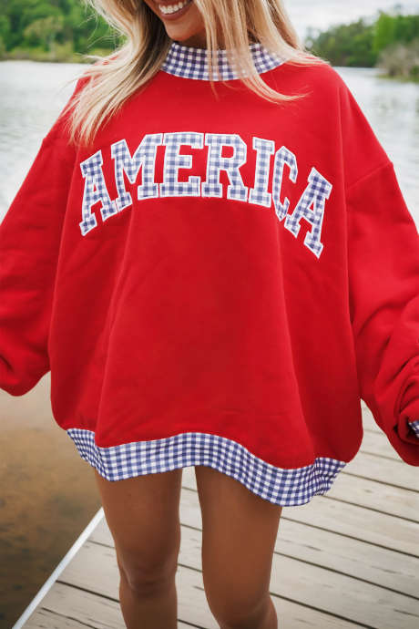 Fiery Red Oversized Sweatshirt High Neck Gingham Trim Letter Print Pullover