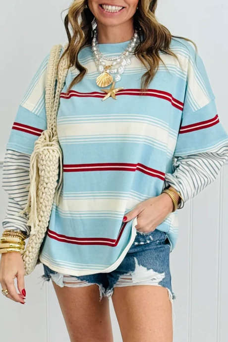 Hanorac albastru deschis cu dungi casual, model patchwork, cu mânecă lungă, croială regulată