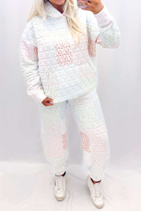 Multicolour Quilted Patchwork Hoodie Jogger Set Geometric Print Casual Two Piece Pants Suit